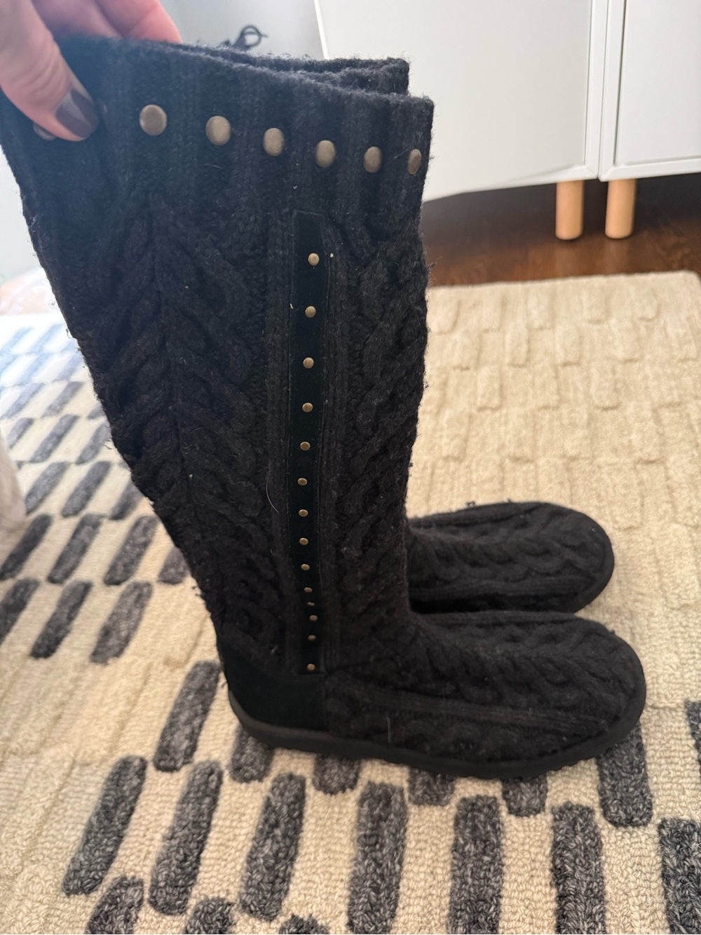 UGG Black Cable-Knit Knee-high Stud Trim Boots